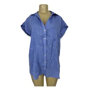 Rachel Zoe Medium Women 100% Linen Button Up Shirt Short Sleeve Blue L17
